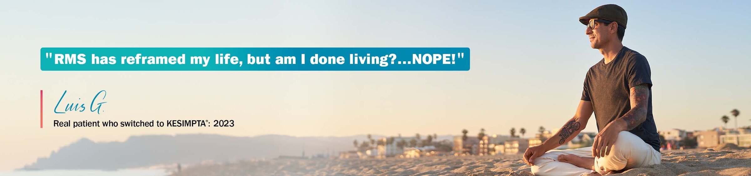 Image of Luis sitting on beach with headline.